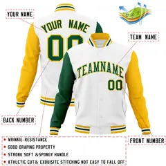 White Green-White Raglan Varsity Letterman Full-Snap Jacket 4