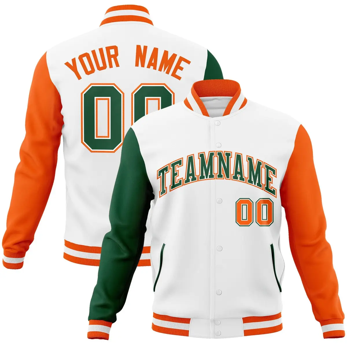 White Green-White Raglan Varsity Letterman Full-Snap Jacket
