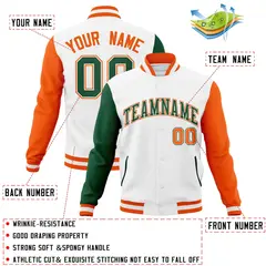 White Green-White Raglan Varsity Letterman Full-Snap Jacket 4