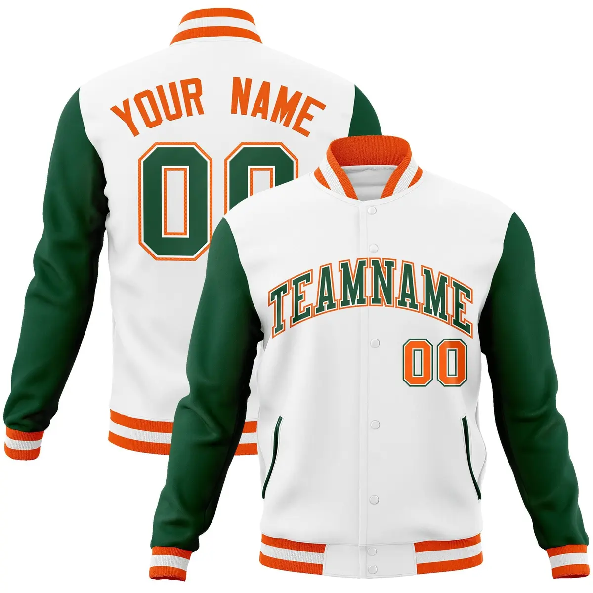 White Green-White Raglan Varsity Letterman Full-Snap Jacket