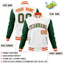 White Green-White Raglan Varsity Letterman Full-Snap Jacket 4