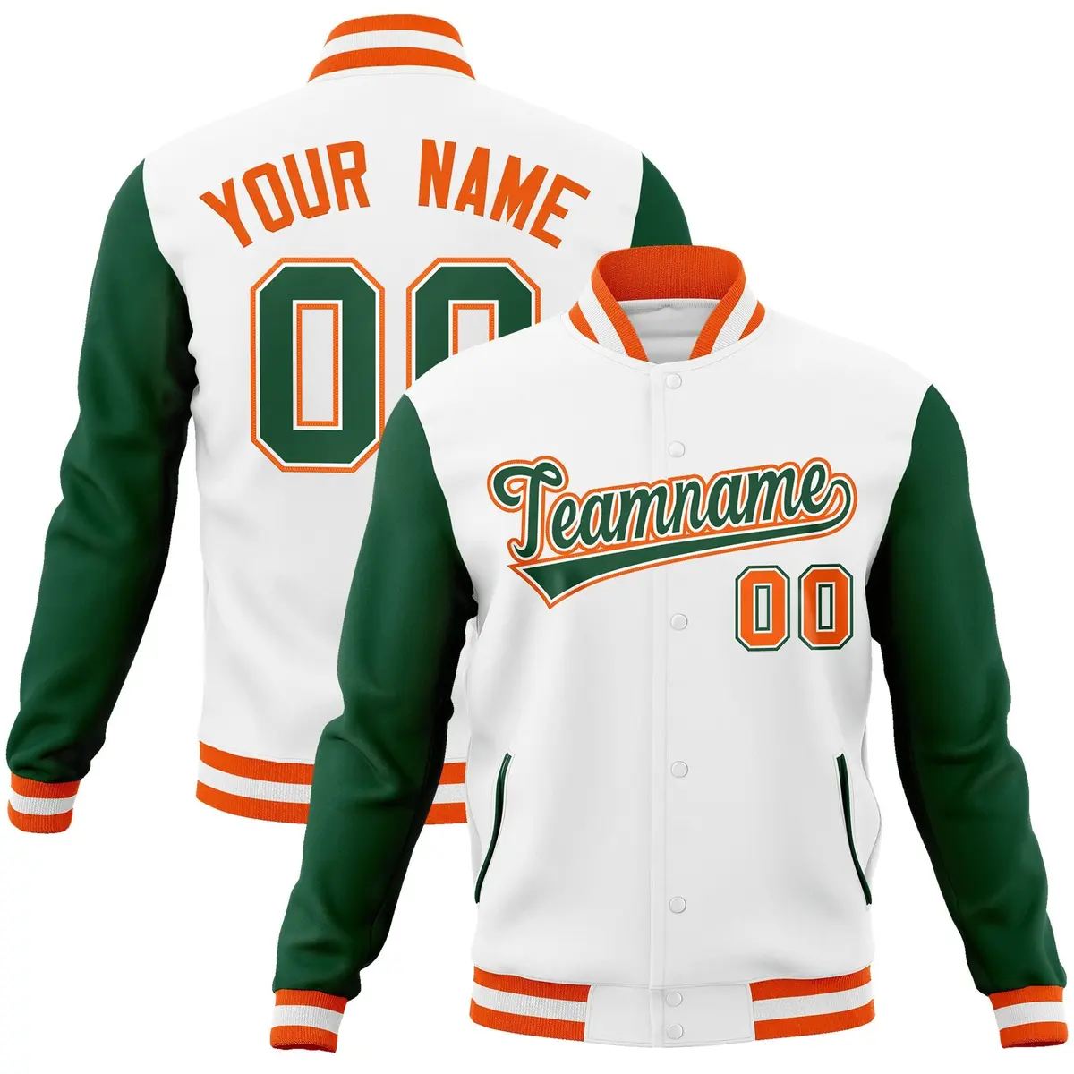 White Green-White Raglan Varsity Letterman Full-Snap Jacket