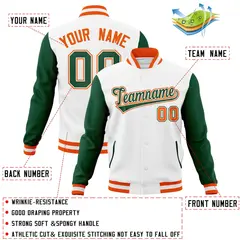 White Green-White Raglan Varsity Letterman Full-Snap Jacket 4