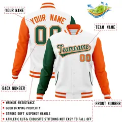 White Green-White Raglan Varsity Letterman Full-Snap Jacket 4
