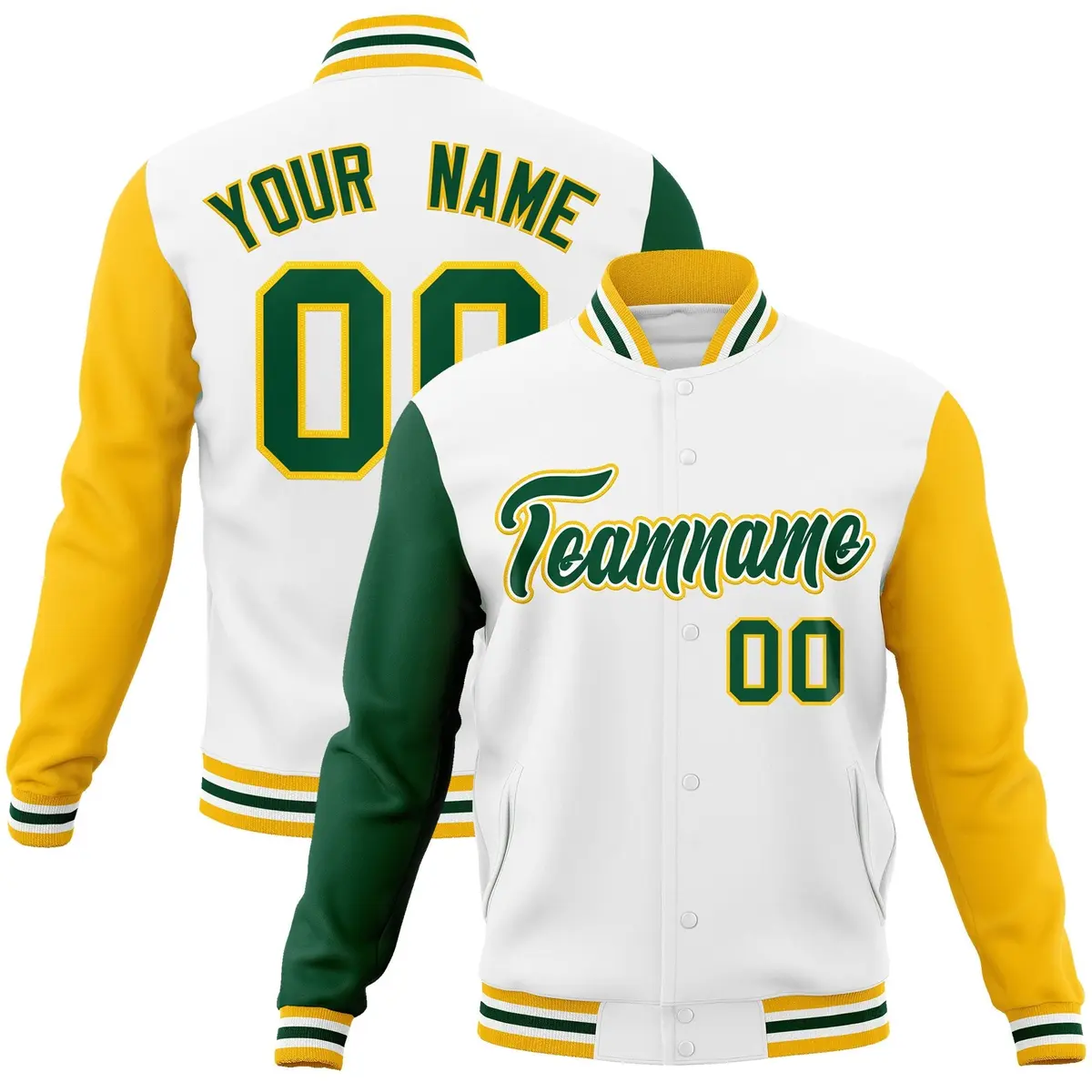 White Green-White Raglan Varsity Letterman Full-Snap Jacket