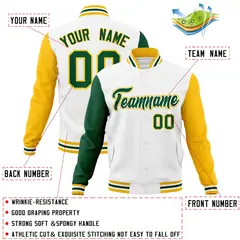 White Green-White Raglan Varsity Letterman Full-Snap Jacket 4