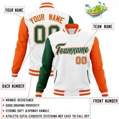 White Green-White Raglan Varsity Letterman Full-Snap Jacket 4