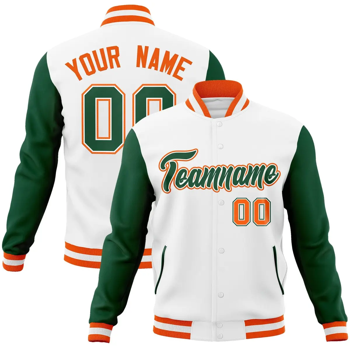 White Green-White Raglan Varsity Letterman Full-Snap Jacket