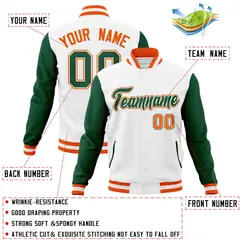 White Green-White Raglan Varsity Letterman Full-Snap Jacket 4
