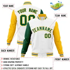 White Green-White Raglan Varsity Letterman Full-Snap Jacket 4