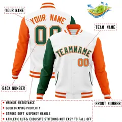 White Green-White Raglan Varsity Letterman Full-Snap Jacket 4