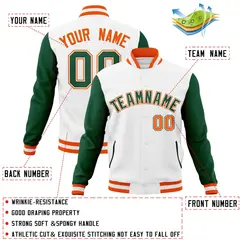 White Green-White Raglan Varsity Letterman Full-Snap Jacket 4