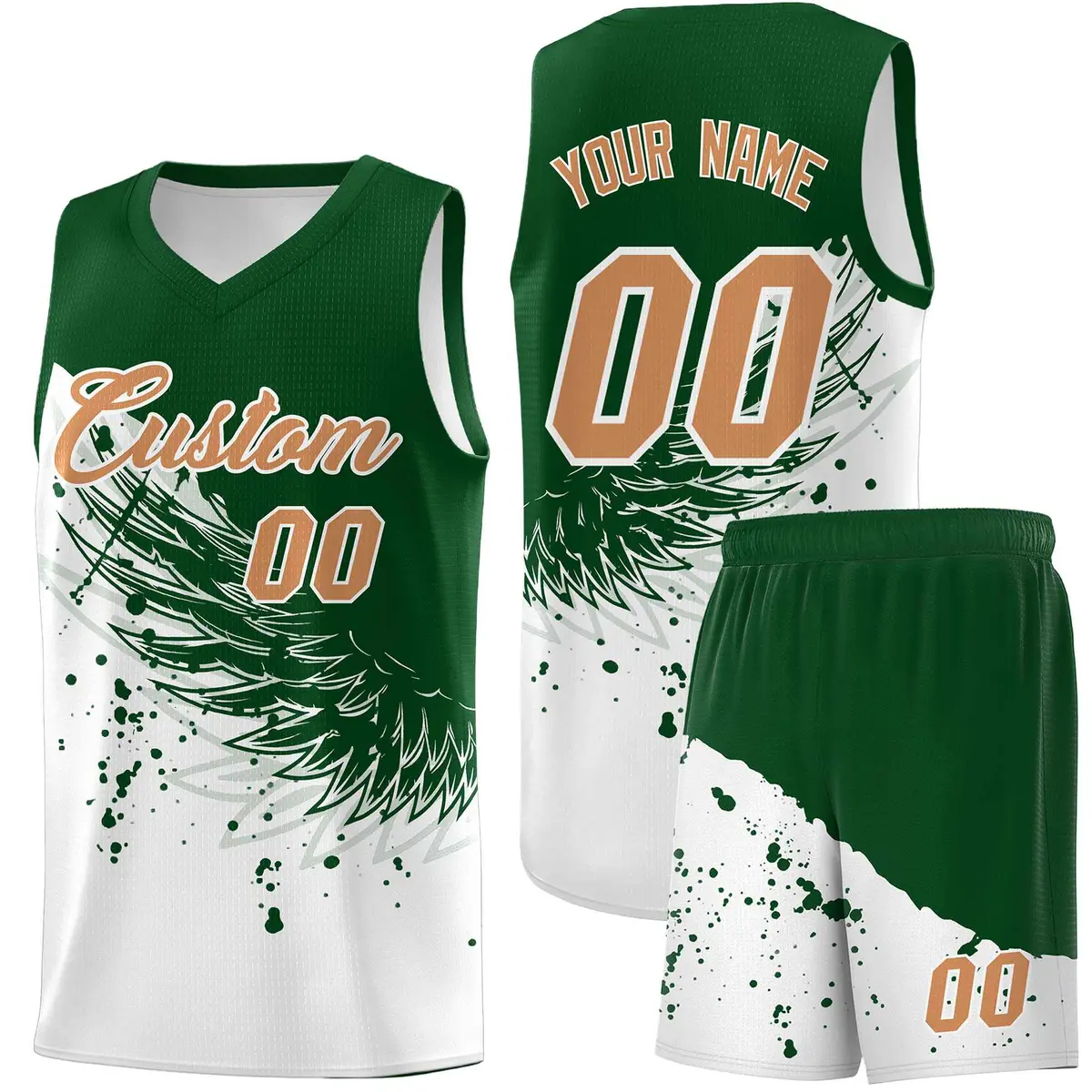 White Green Wing Pattern Basketball Sports Uniform Jersey