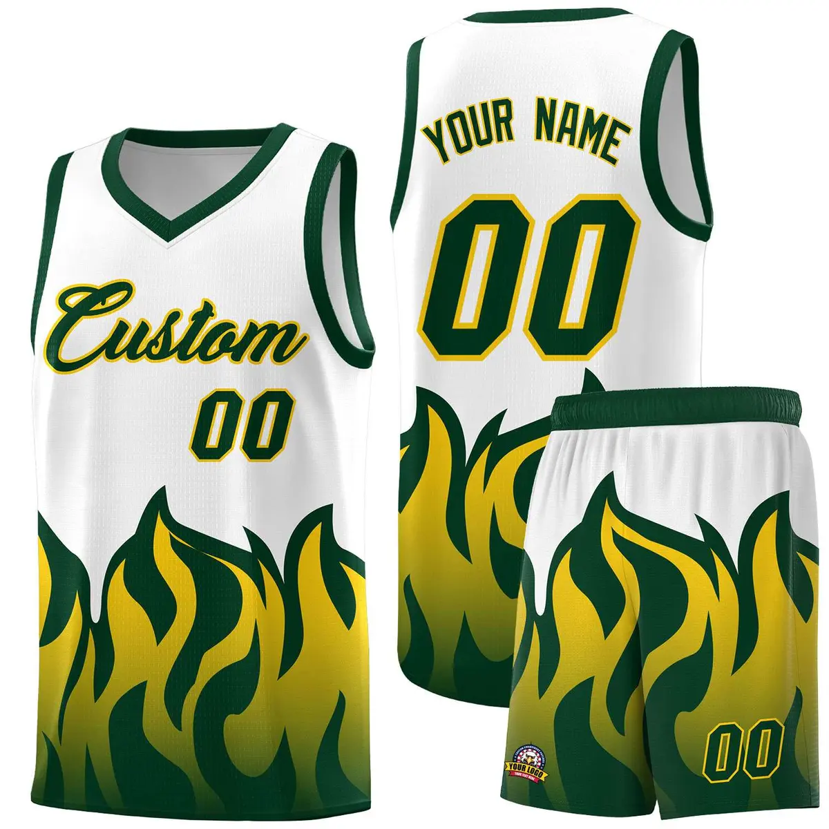 White Hunter Green Flame Pattern Sports Basketball Jersey