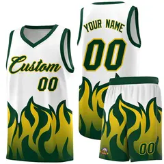 White Hunter Green Flame Pattern Sports Basketball Jersey