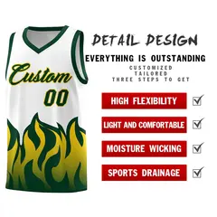 White Hunter Green Flame Pattern Sports Basketball Jersey 2