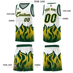 White Hunter Green Flame Pattern Sports Basketball Jersey 5