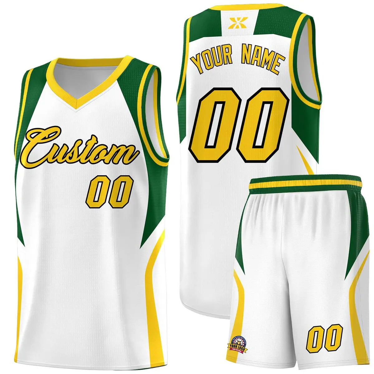 White Hunter Green Gold Color Block Basketball Jersey