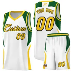 White Hunter Green Gold Color Block Basketball Jersey