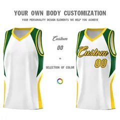White Hunter Green Gold Color Block Basketball Jersey 3