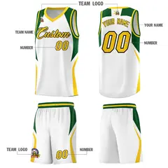 White Hunter Green Gold Color Block Basketball Jersey 5