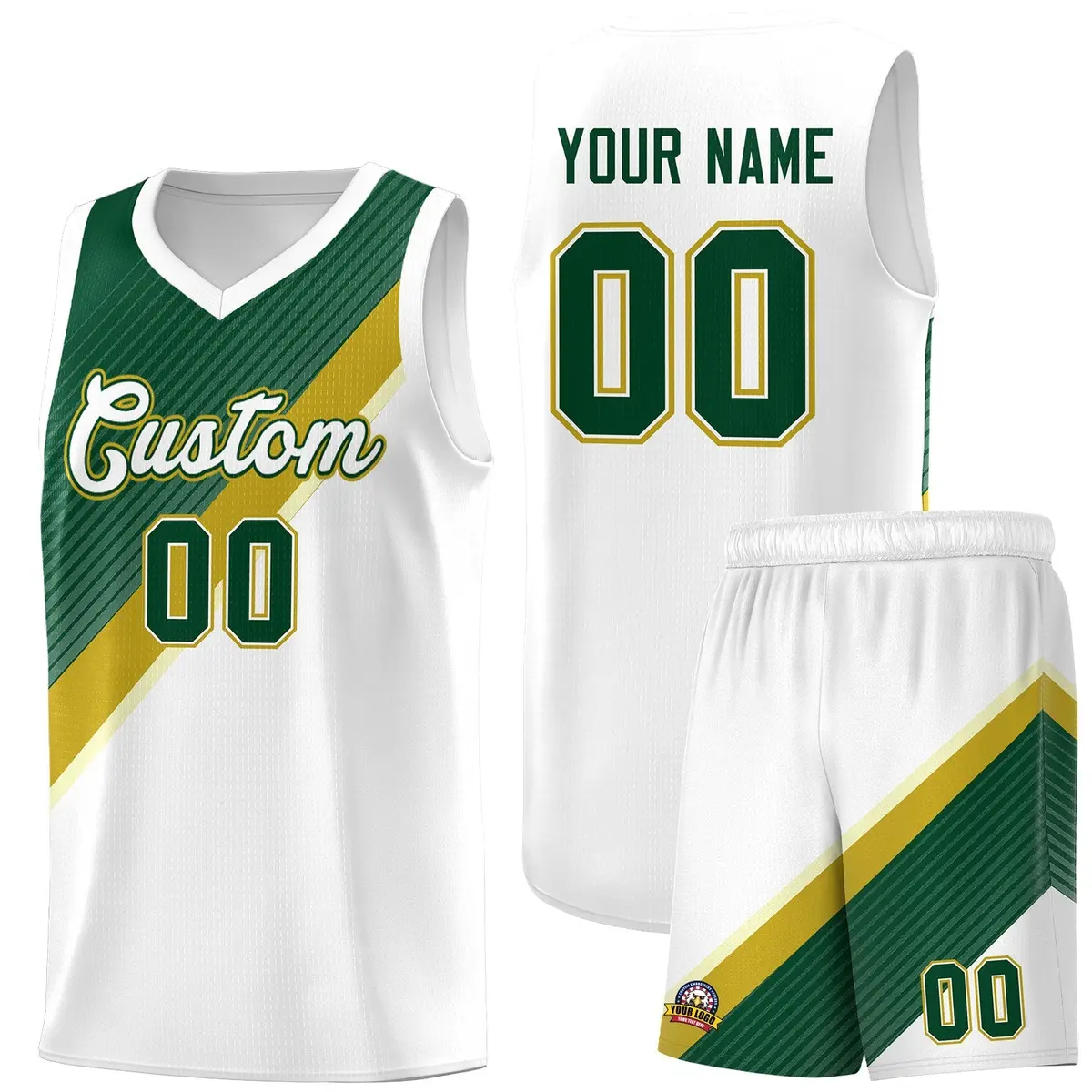 White Hunter Green Old Gold Diagonal Stripes Color Block Basketball Jersey