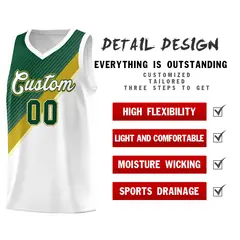 White Hunter Green Old Gold Diagonal Stripes Color Block Basketball Jersey 2