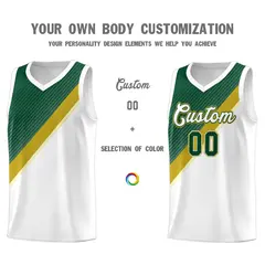 White Hunter Green Old Gold Diagonal Stripes Color Block Basketball Jersey 3