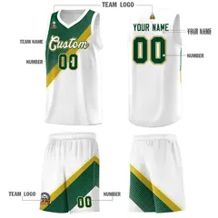 White Hunter Green Old Gold Diagonal Stripes Color Block Basketball Jersey 5