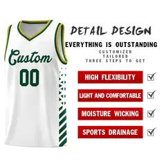 White Hunter Green Old Gold Diamond Stripe Side Basketball Jersey 2