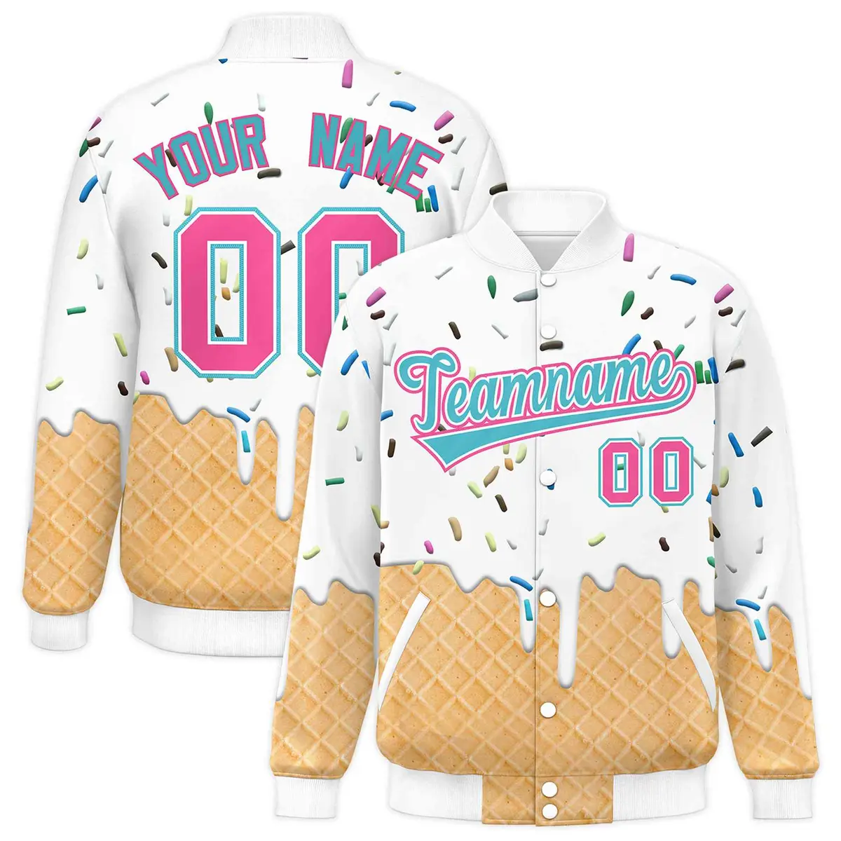 White Ice Cream Cone Graffiti Full-Snap Varsity Letterman Jacket