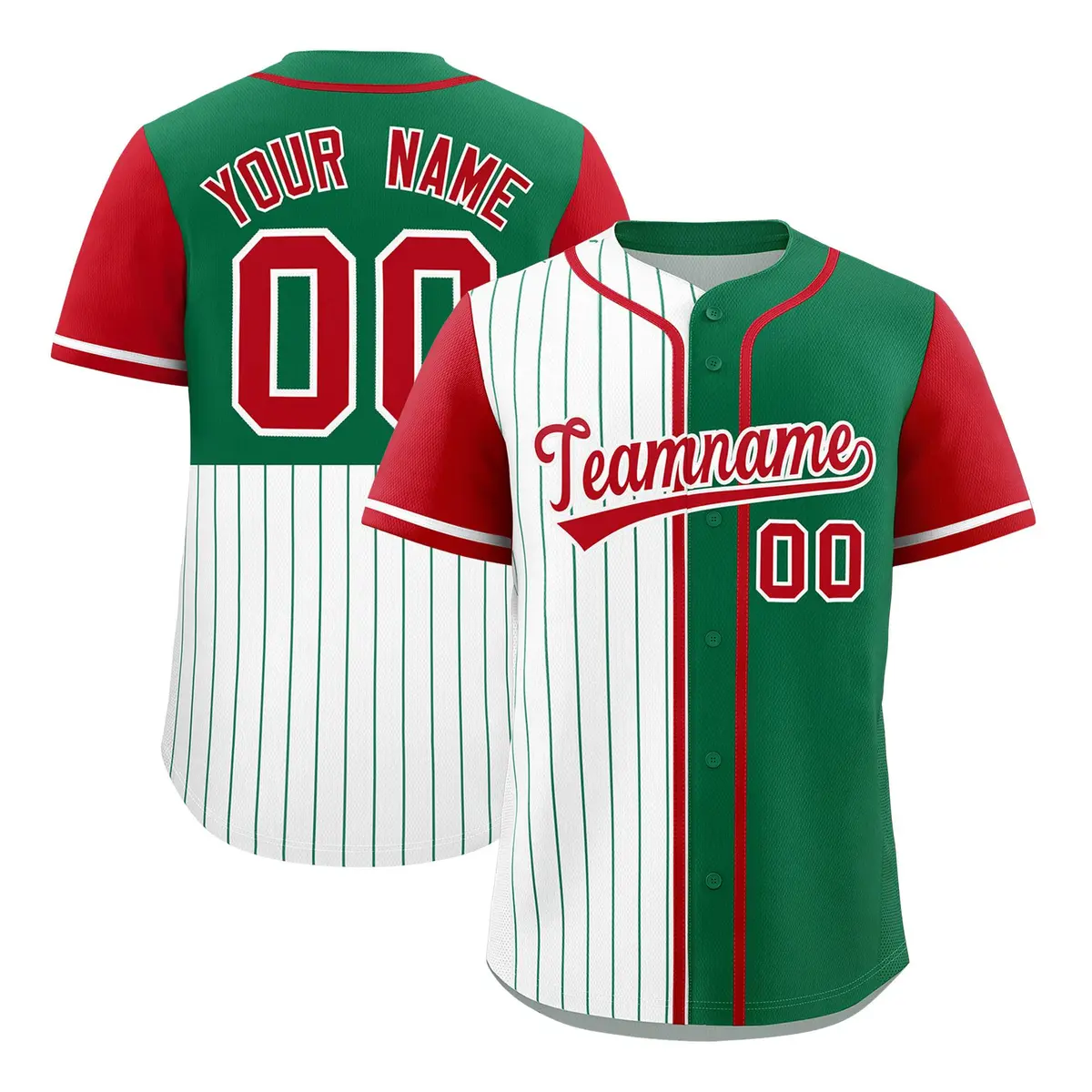 White Kelly Green and Red Pinstripe Raglan Baseball Jersey