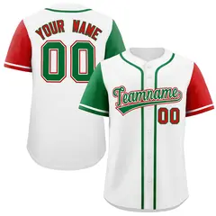 White Kelly Green and Red Raglan Sleeves Baseball Jersey