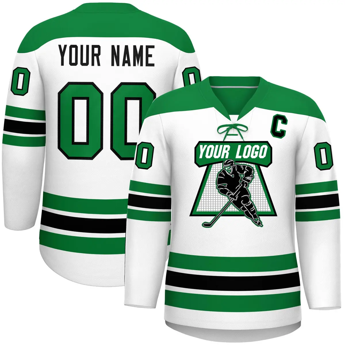 White Kelly Green Black Classic Lace-Up Neck Hockey Jersey