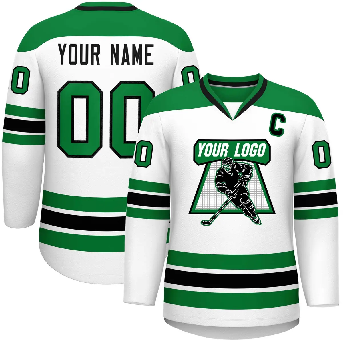White Kelly Green-Black Classic V-Neck Hockey Jersey