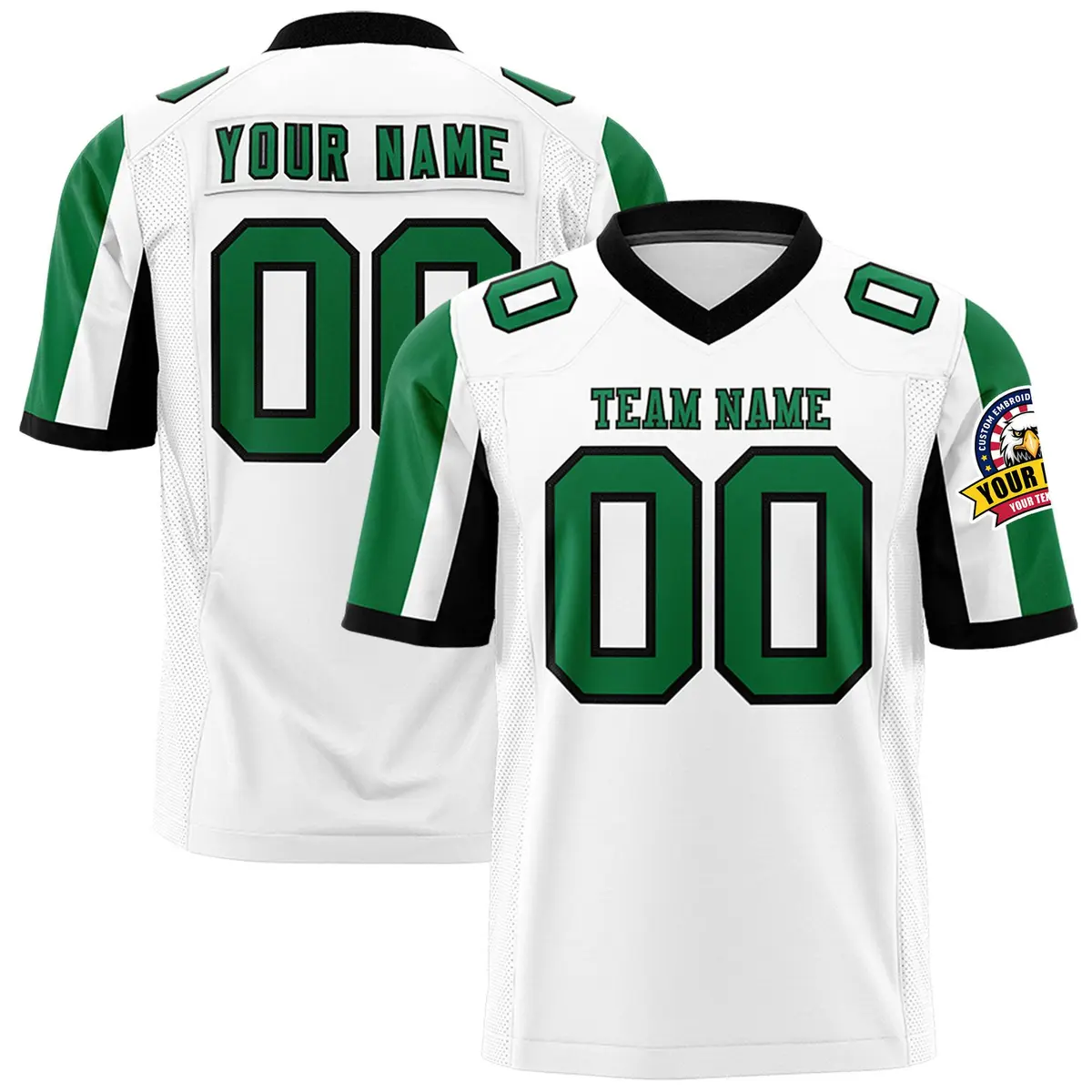 White Kelly Green-Black Color Block Raglan Football Jersey