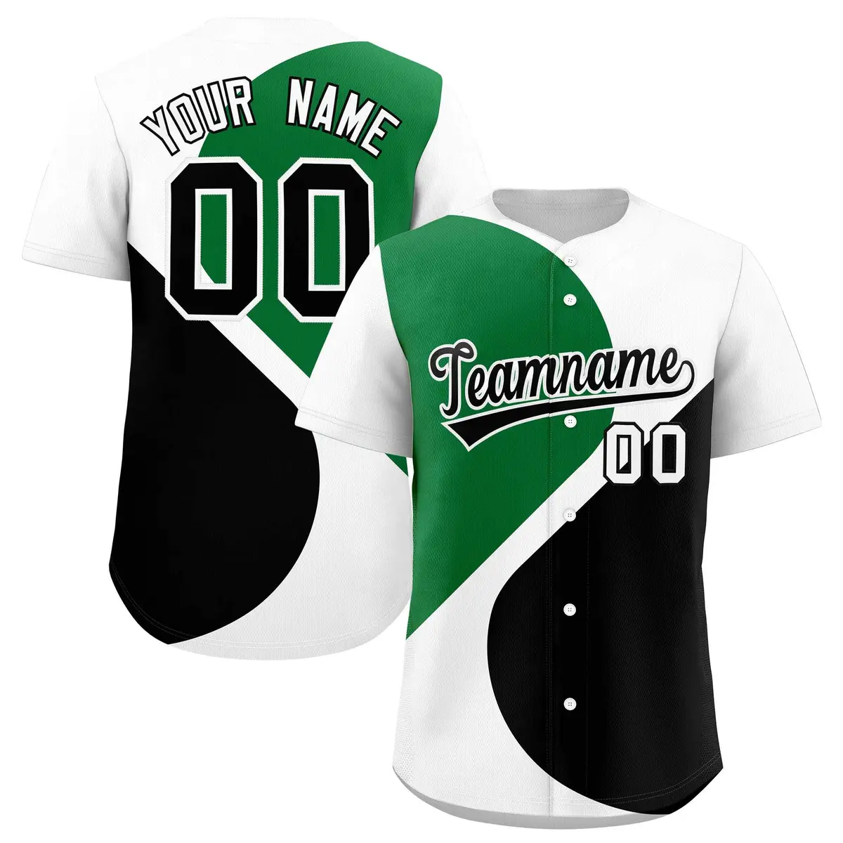 White Kelly Green-Black Half Heart Color Block Baseball Jersey