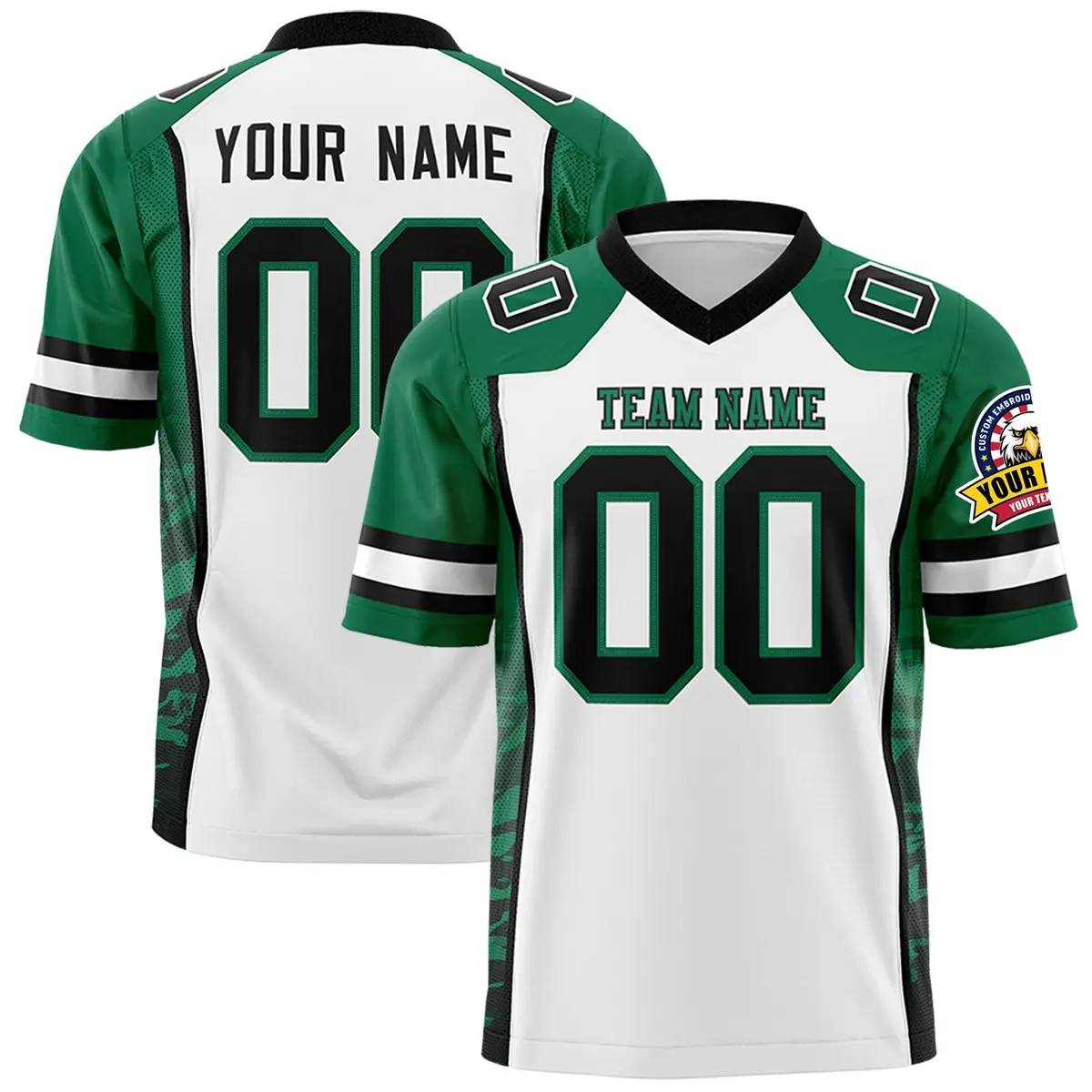 White Kelly Green-Black Raglan Side Pattern Football Jersey