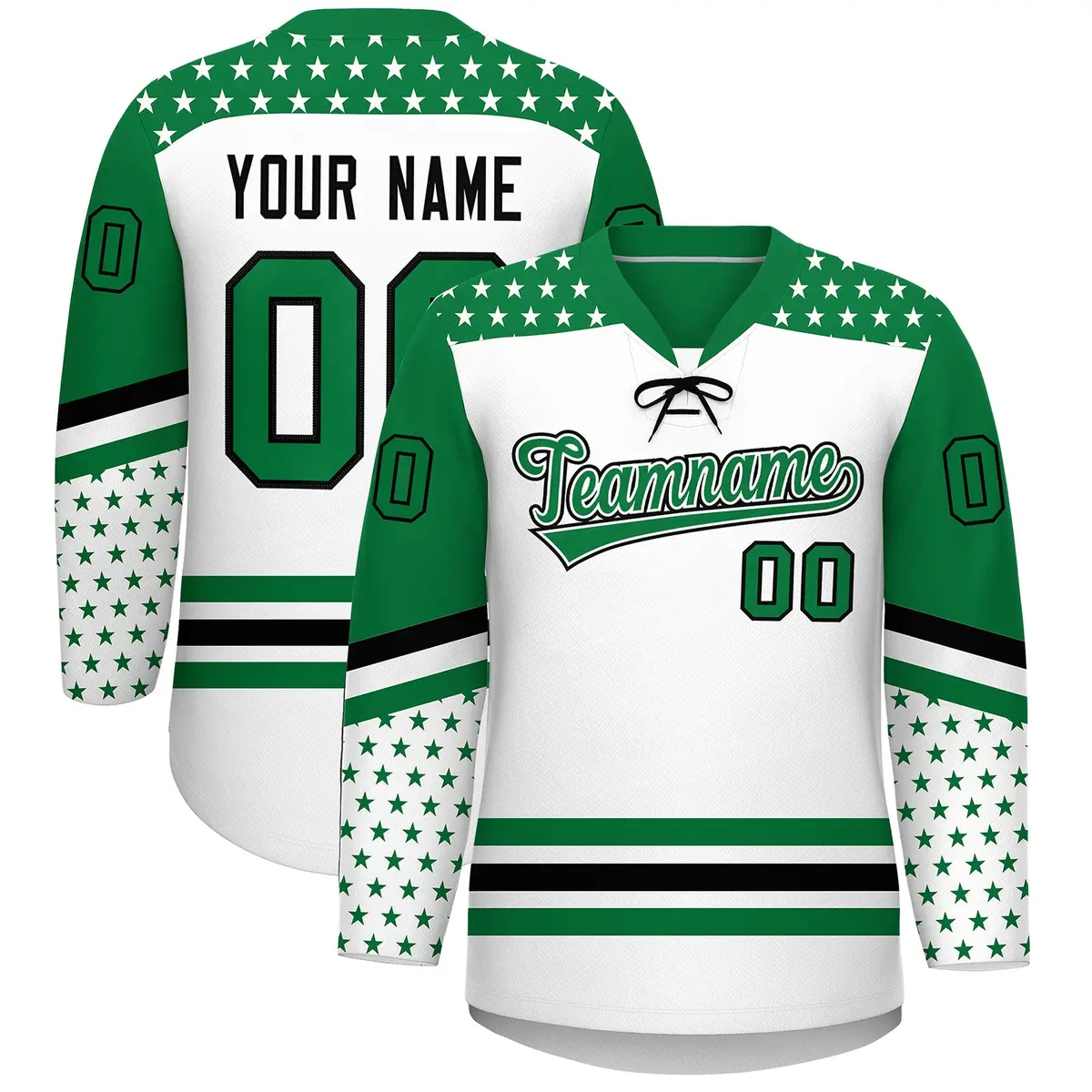 White Kelly Green Black Star Series Lace-Up Neck Hockey Jersey