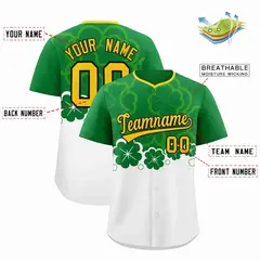 White Kelly Green Four Leaf Clover St. Patrick's Day Baseball Jersey 2
