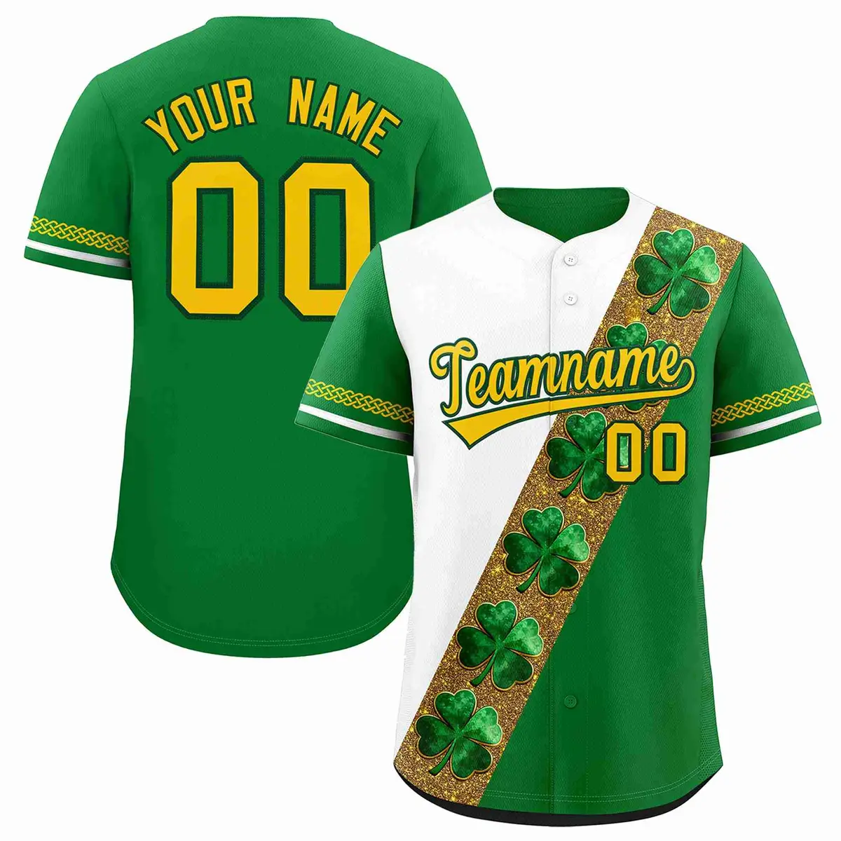 White Kelly Green Four Leaf Clover St. Patrick's Day Baseball Jersey