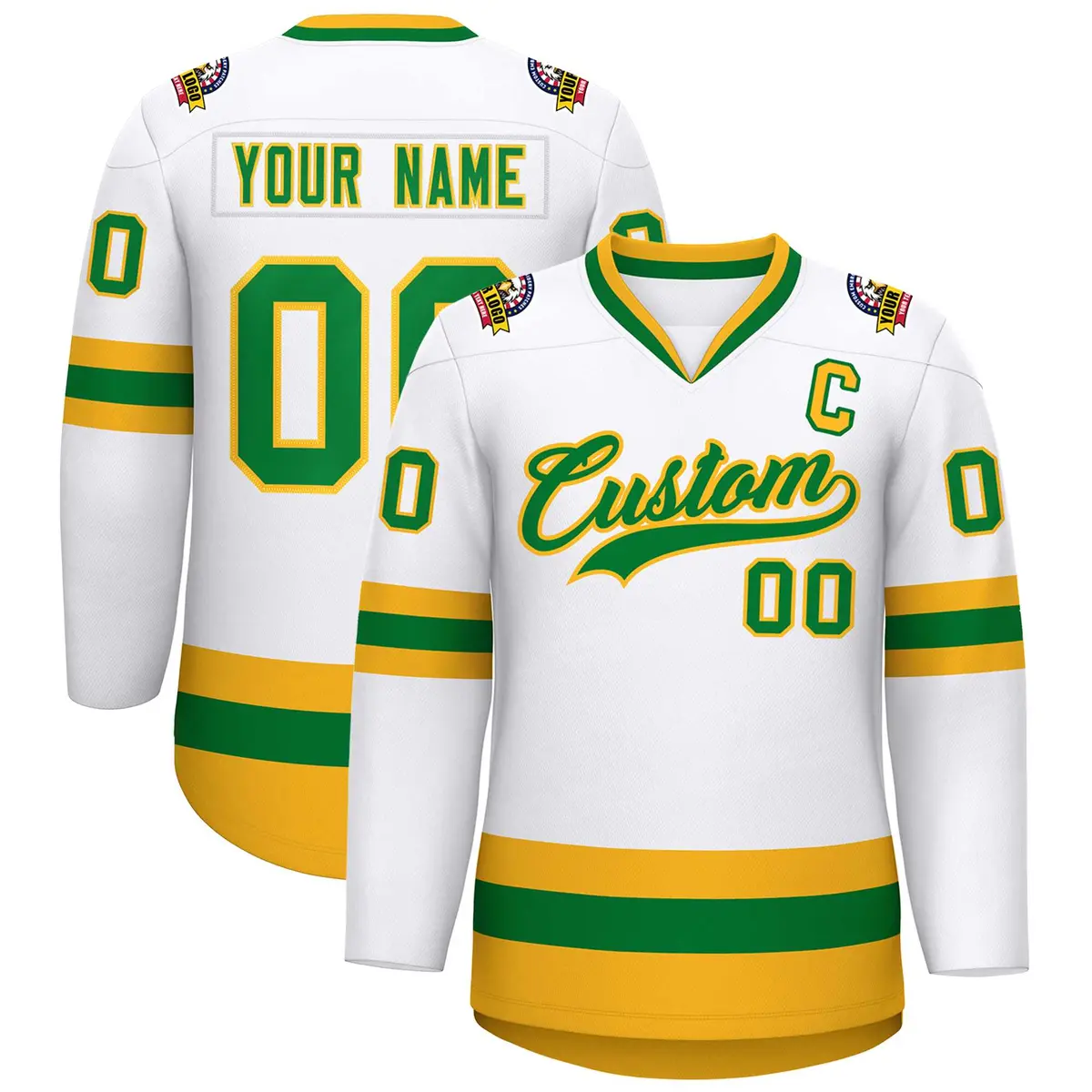 White Kelly Green-Gold Classic Hockey Jersey