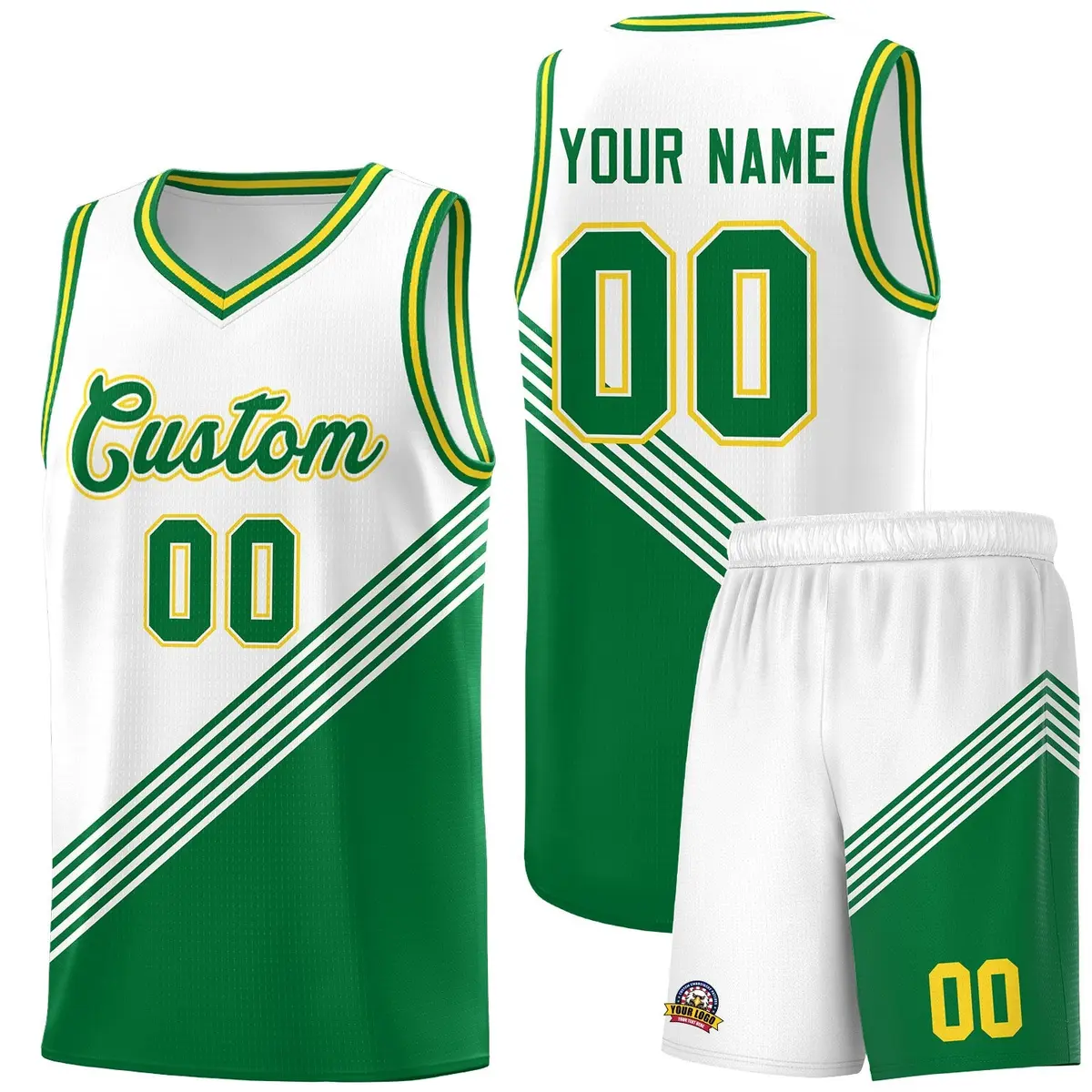 White Kelly Green Gold Diagonal Stripes Color Block Basketball Jersey