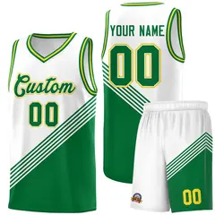White Kelly Green Gold Diagonal Stripes Color Block Basketball Jersey 1