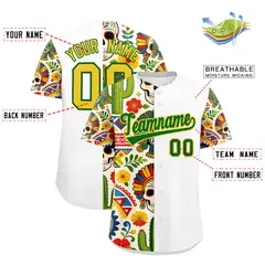 White Kelly Green Gold Graffiti Mexican Style Baseball Jersey 3