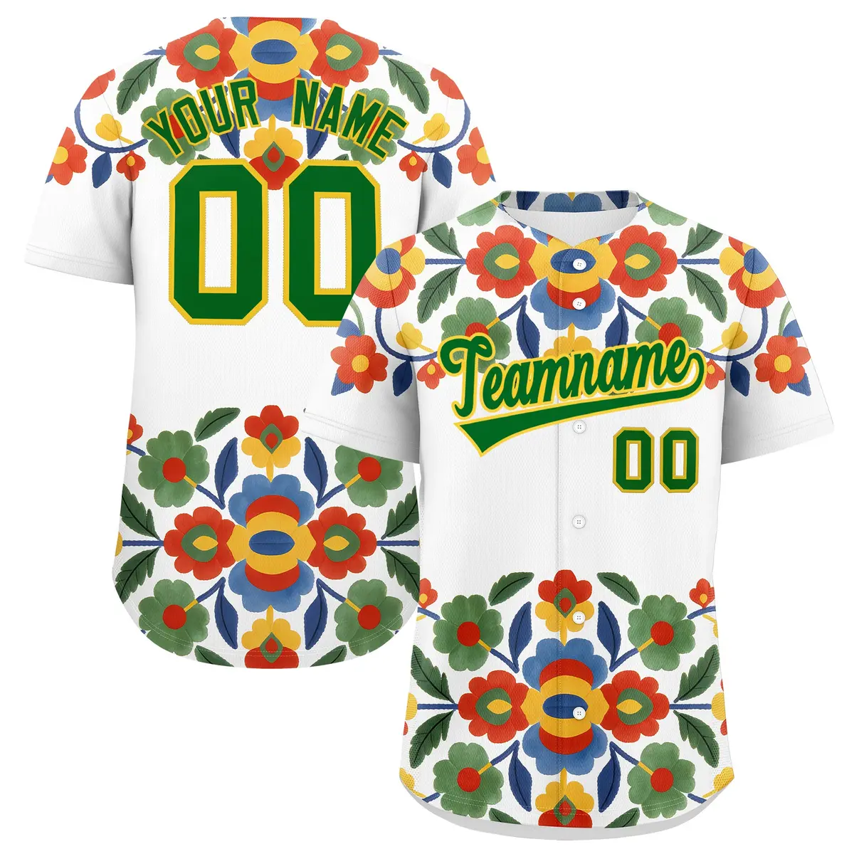 White Kelly Green Gold Graffiti Mexican Style Baseball Jersey