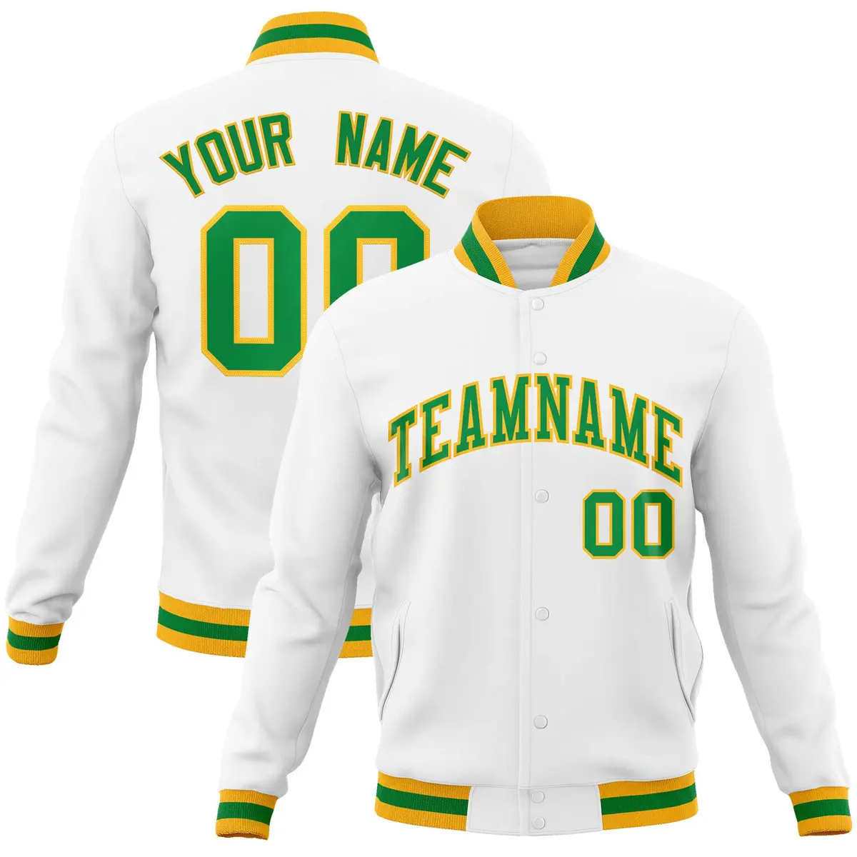 White Kelly Green-Gold Varsity Full-Snap Letterman Jacket