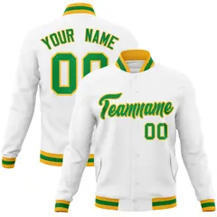 White Kelly Green-Gold Varsity Full-Snap Letterman Jacket