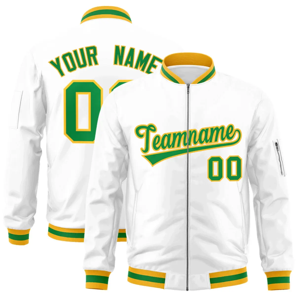 White Kelly Green-Gold Varsity Full-Zip Letterman Jacket