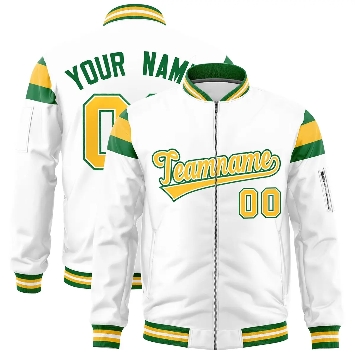 White Kelly Green-Gold Varsity Full-Zip Shoulder Color Block Letterman Bomber Jacket